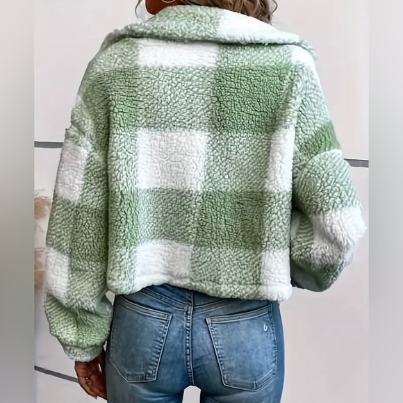 New Teddy Plaid Mint Green White Coat Button Front Long Sleeve Outerwear NWT - Picture 9 of 13